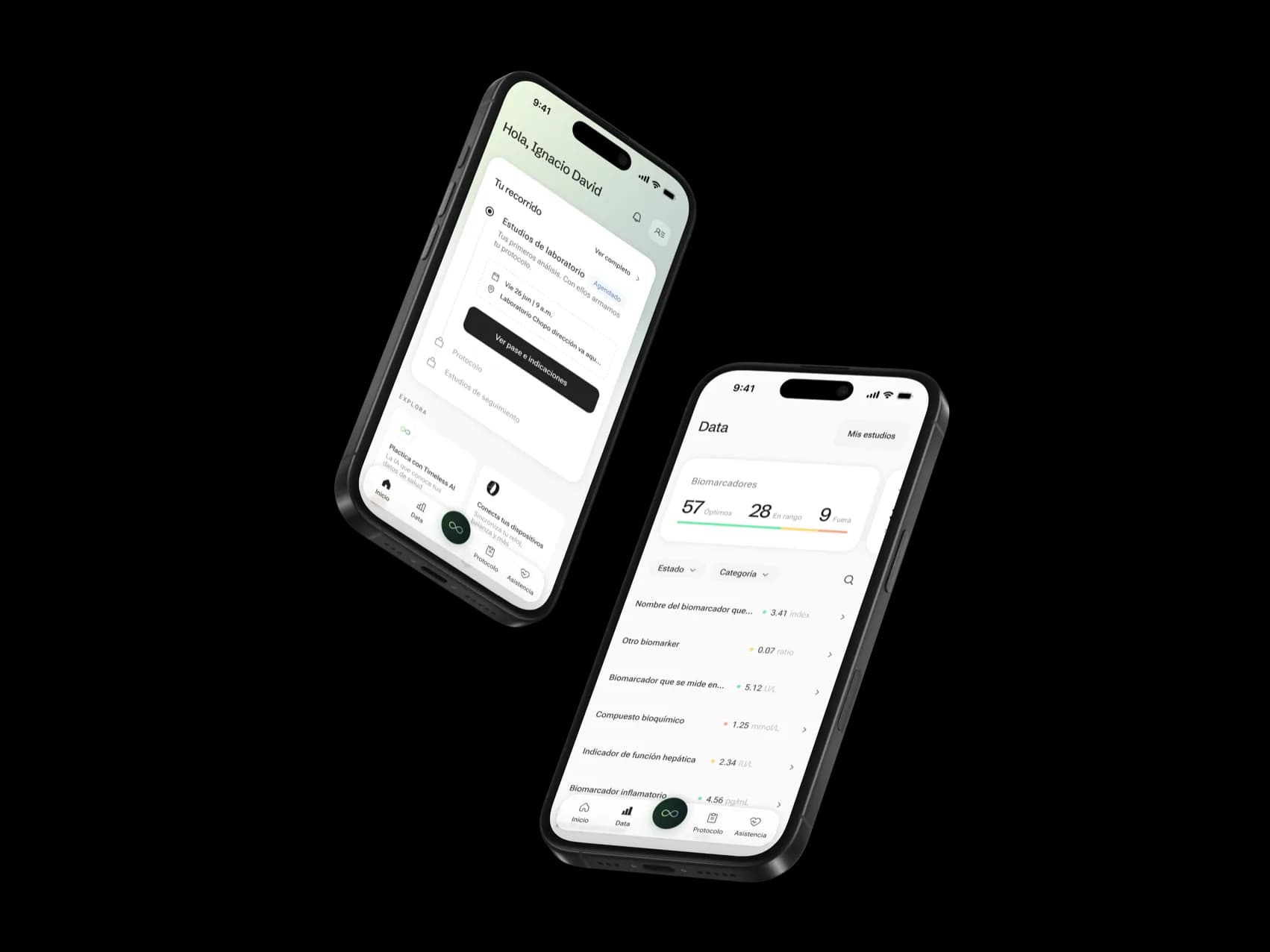 Dos teléfonos mostrando la app de Timeless: el inicio y la sección de datos.